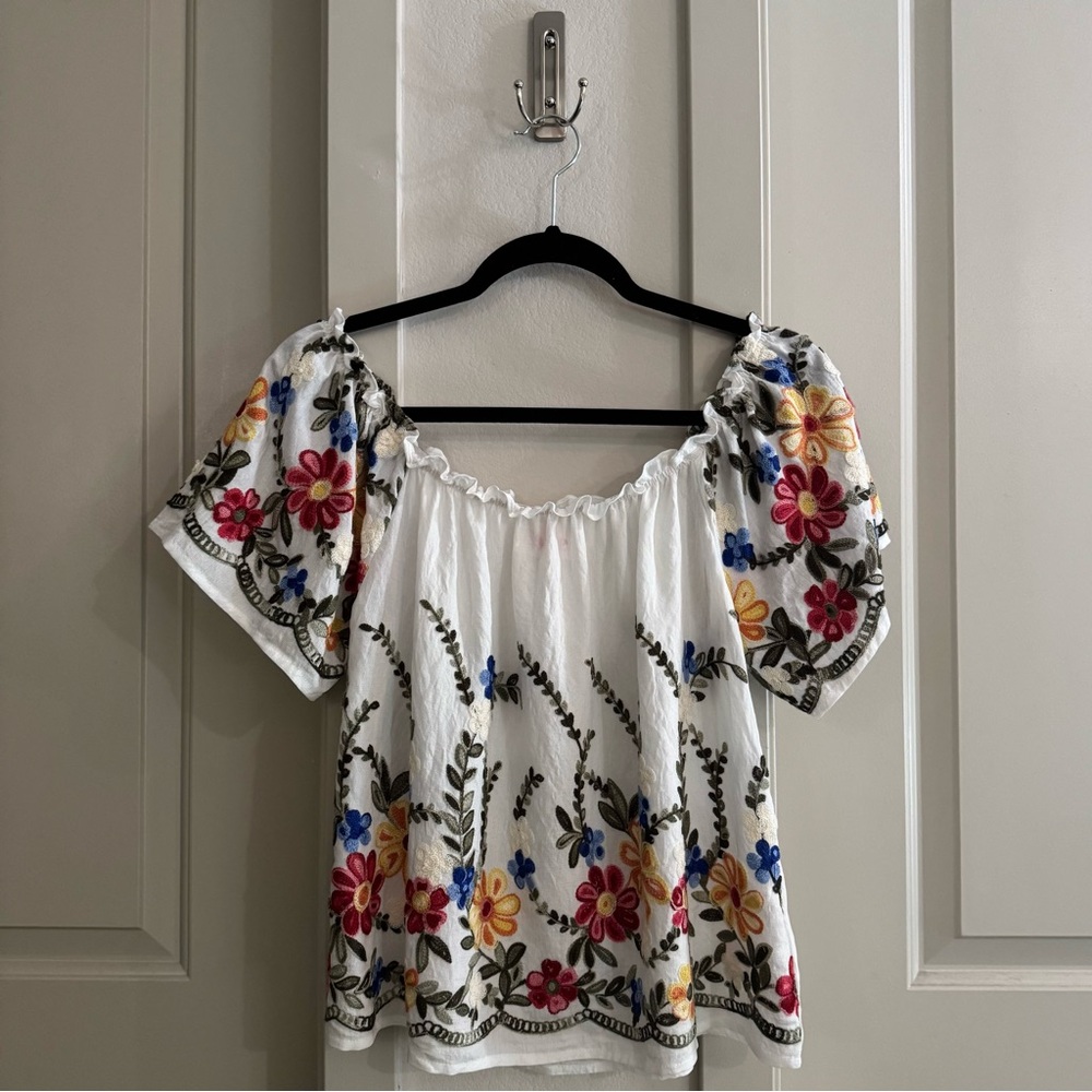 Floral Embroidered Two Way Off The Shoulder Blouse, White & Colorful, Size Small - Picture 3 of 8